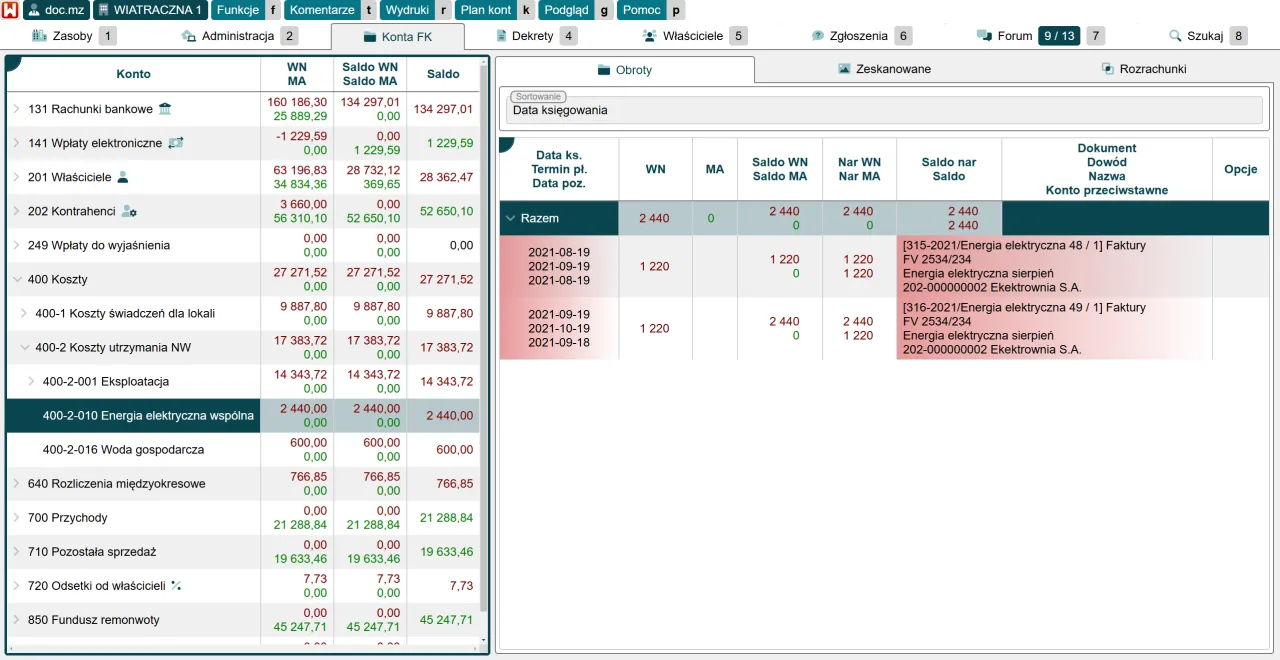 Widok aplikacji księgowej: lista kont, obroty, dokumenty. Widzimy tu m.in. rachunki bankowe, koszty, przychody. Robimy co to za aplikacja? To system do zarządzania finansami.