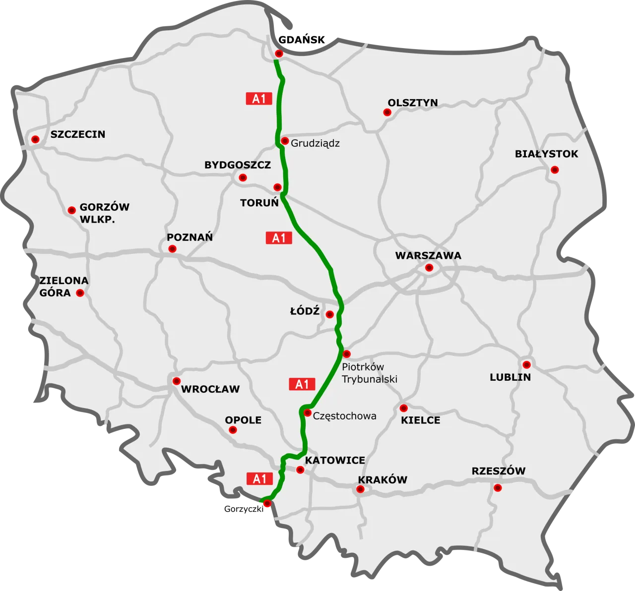 Mapa Polski trasa Kraków Gdańsk autostrady i drogi krajowe