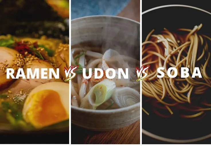 Vergleich von Udon, Ramen und Soba Nudeln nebeneinander