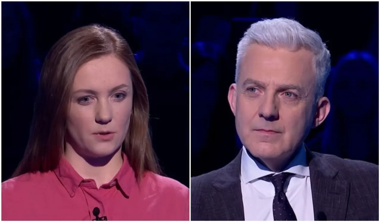 Młoda kobieta i mężczyzna w garniturze, jak wyglądają milionerzy w teleturnieju.