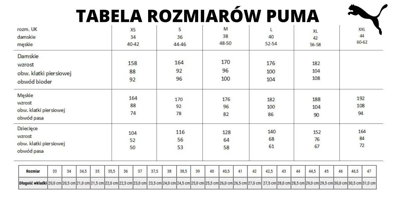 Tabela rozmiar&oacute;w bielizny Puma