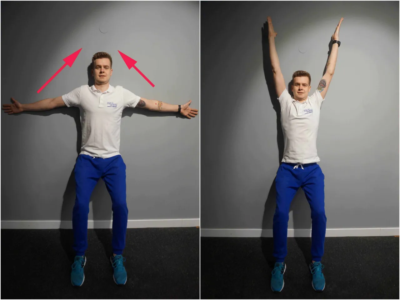 Ćwiczenia na kręgosłup piersiowy: mężczyzna opiera plecy o ścianę, ręce w bok, potem unosi je do g&oacute;ry.