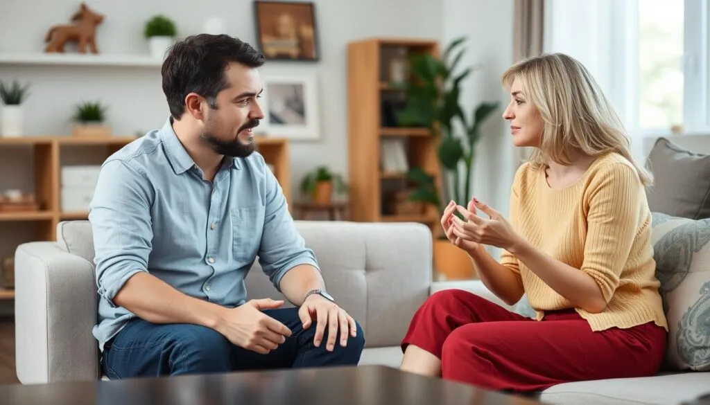 para rozmawiająca spokojnie, siedząca naprzeciwko siebie, symbol otwartej komunikacji