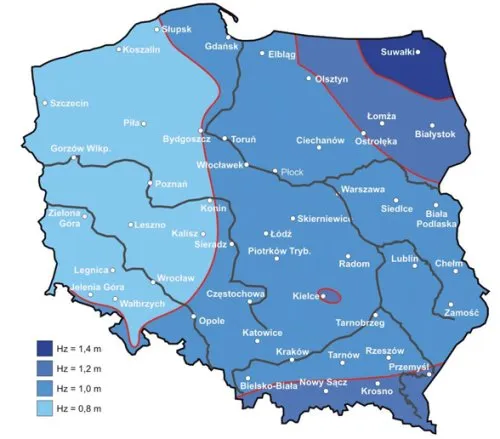 Mapa stref przemarzania gruntu w Polsce