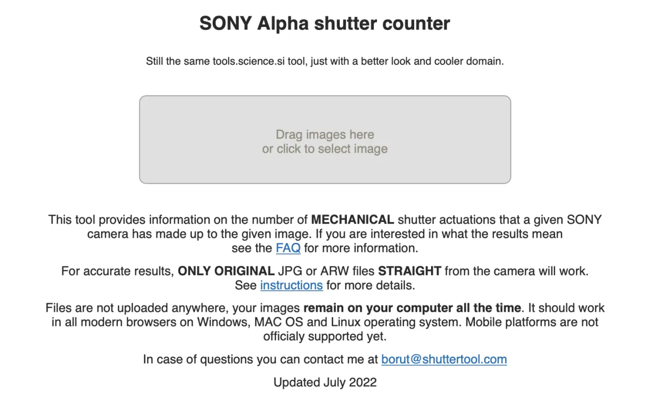 Narzędzie do sprawdzania przebiegu aparatu SONY Alpha. Przeciągnij lub kliknij, aby wybrać zdjęcie.
