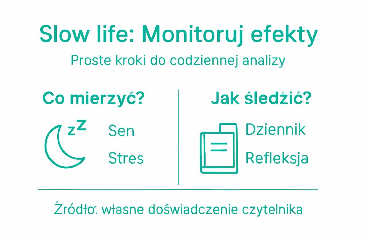 Slow life: Monitoruj efekty. Co mierzyć? Sen, stres. Jak śledzić? Dziennik, refleksja. Proste kroki do analizy.