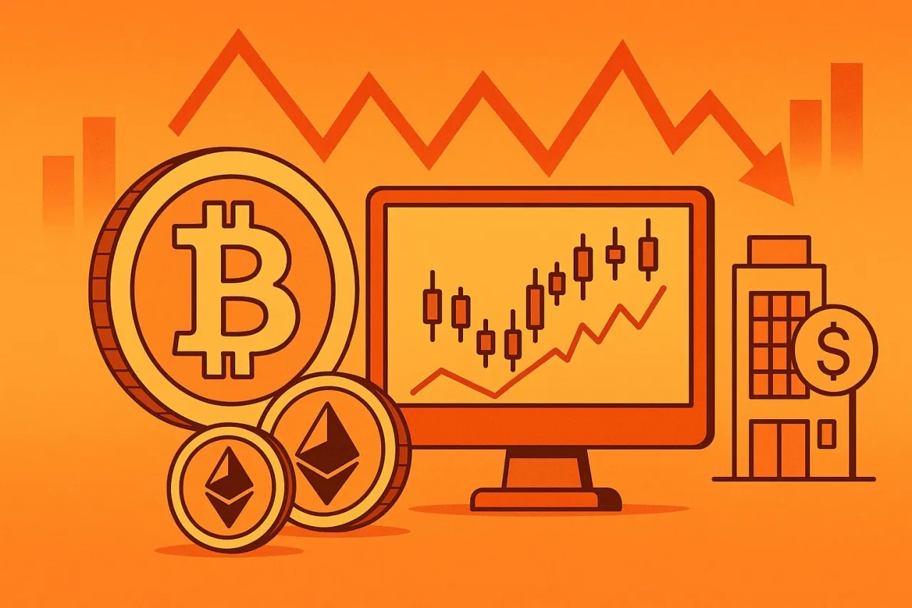 Grafika przedstawia monety Bitcoin i Ethereum obok wykresu świecowego na monitorze, sugerując analizę i decyzje dotyczące tego, ile pieniędzy zainwestować w bitcoin.