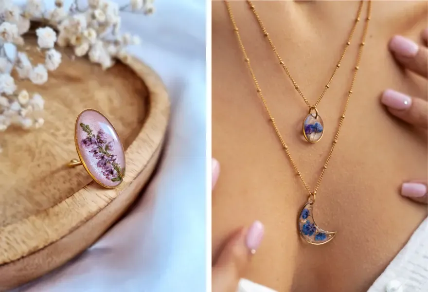 Przykłady zatopionych elementów w biżuterii z żywicy