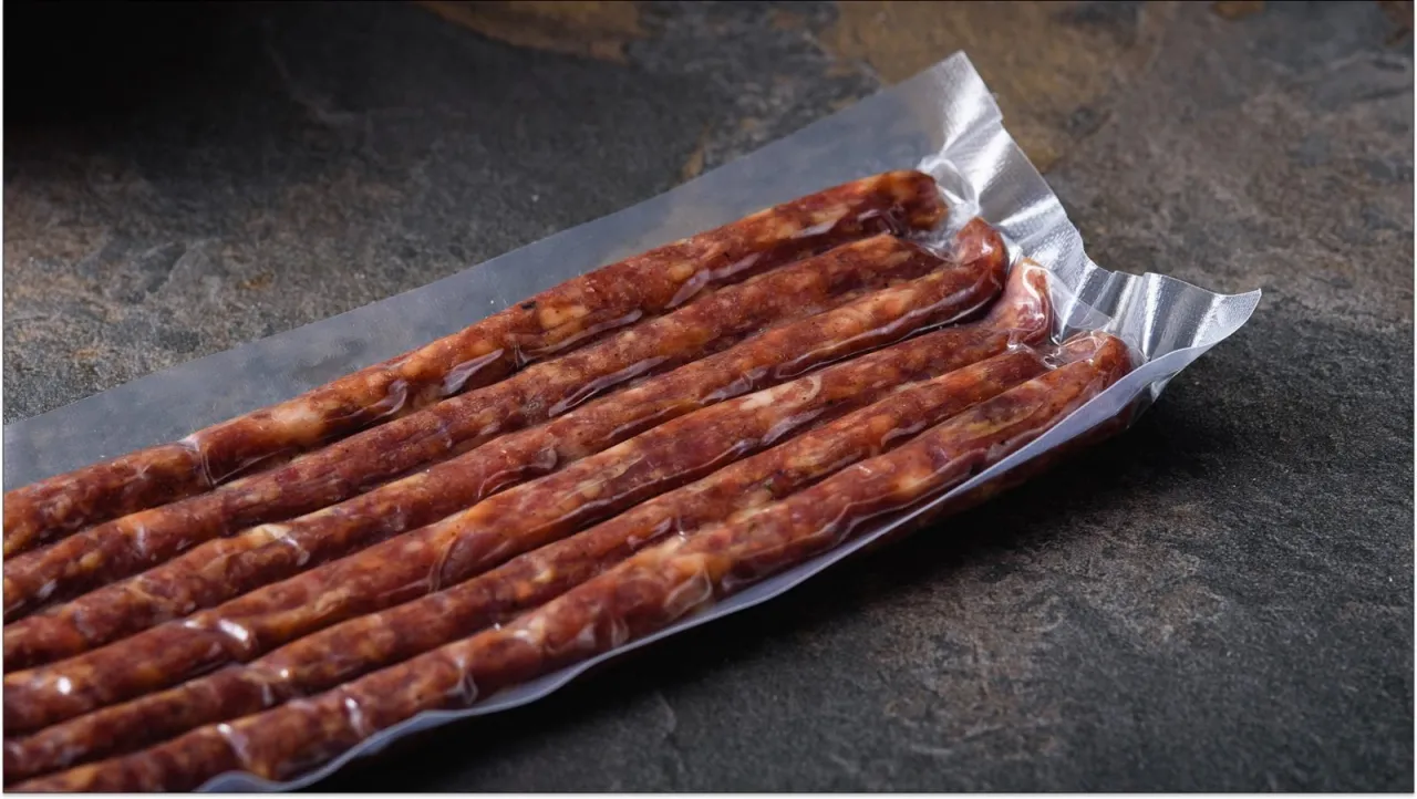 Pakowane kiełbaski, idealne na przekąskę w podróży. Czy można przewozić jedzenie w bagażu podręcznym? Takie smakołyki są świetnym pomysłem!