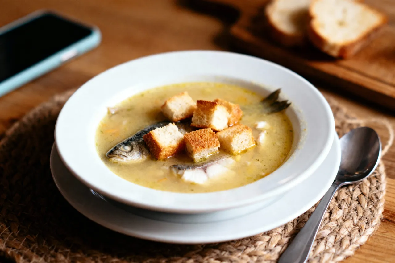 Soupe de poisson avec rouille, cro&ucirc;tons et fromage