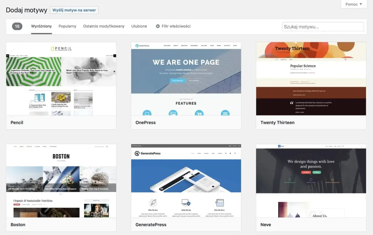 Wybieranie motywu WordPress jak zacząć? Zobacz przykłady: Pencil, OnePress, Twenty Thirteen, Boston, GeneratePress, Neve.