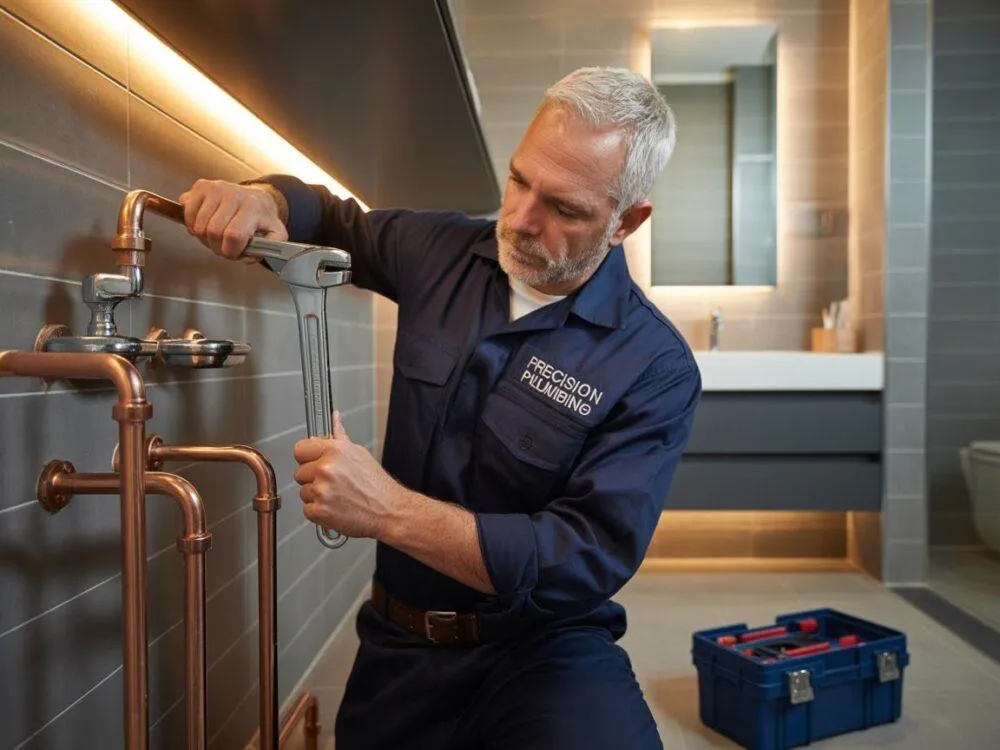 Hydraulik w pracy, różne narzędzia, instalacje wodno-kanalizacyjne