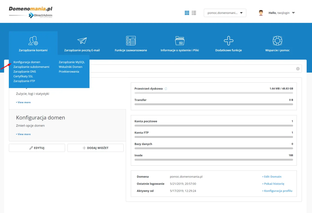 Panel Direct Admin. Menu 