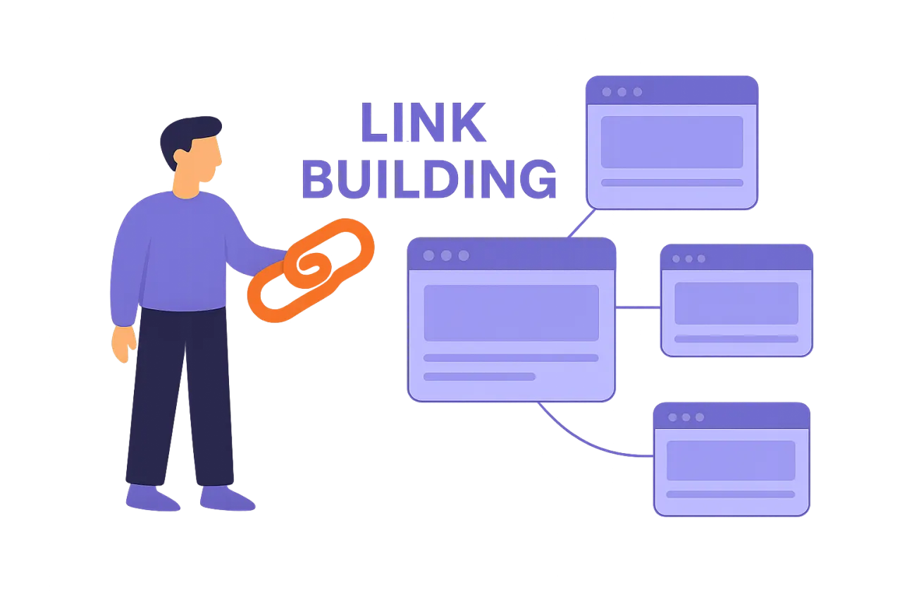 Człowiek trzyma ogniwo łańcucha, symbolizujące linkowanie stron. Grafika ilustruje budowanie sieci powiązań między witrynami.