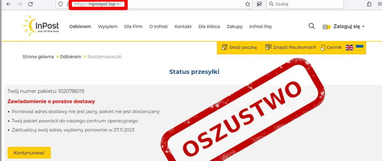 Strona InPost z powiadomieniem o problemach z dostawą, sugerująca oszustwo. Uważaj na loterie SMS oszustwo.