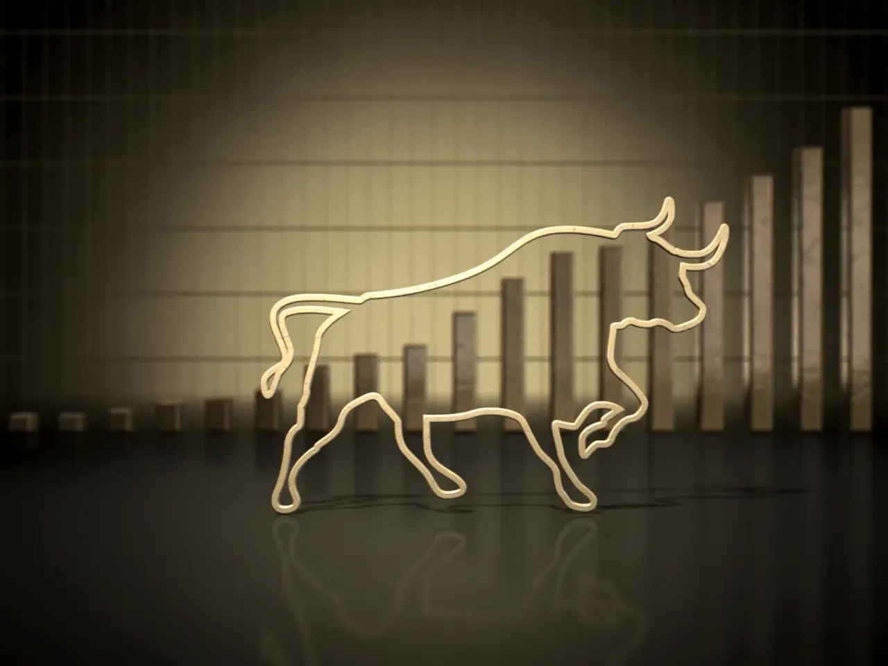 Złoty byk symbolizuje hossę, wzrost wartości na giełdzie. W tle widać rosnące słupki wykresu.