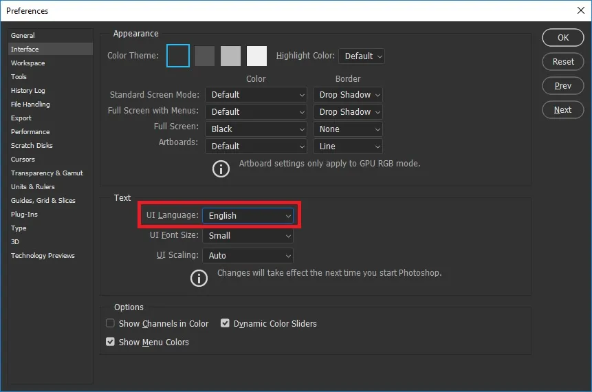 Photoshop preferencje interfejs język