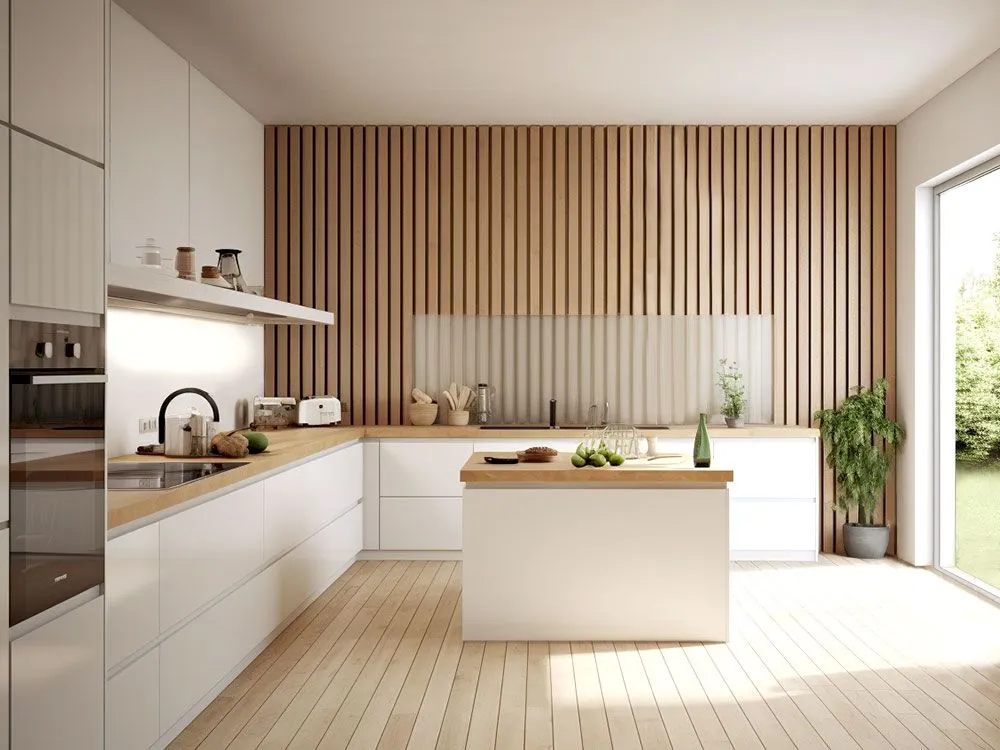 kuchnia z lamelami ściennymi lub drewnem