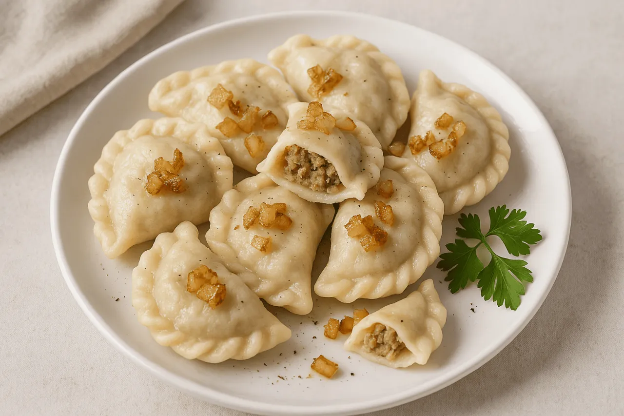 Pyszne pierogi z mięsem, posypane skwarkami. Idealne, gdy zastanawiasz się, jak zrobić pierogi.