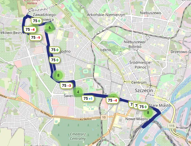 Mapa komunikacji miejskiej Szczecin Dworzec Gł&oacute;wny