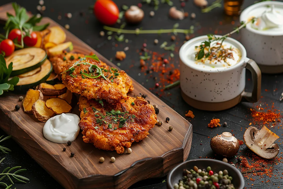 Złociste kotlety z ziołami, podane z pieczonymi ziemniakami i cukinią. Idealne co zamiast ziemniaków do kotleta, gdy szukasz czegoś lżejszego.