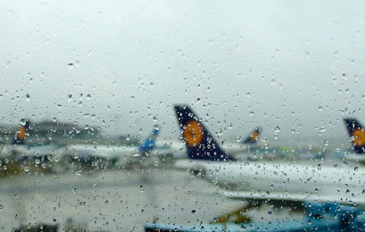 Deszczowe niebo nad lotniskiem. Samoloty czekają, a pasażerowie zastanawiają się, odszkodowanie za op&oacute;źniony lot ile czasu można uzyskać.