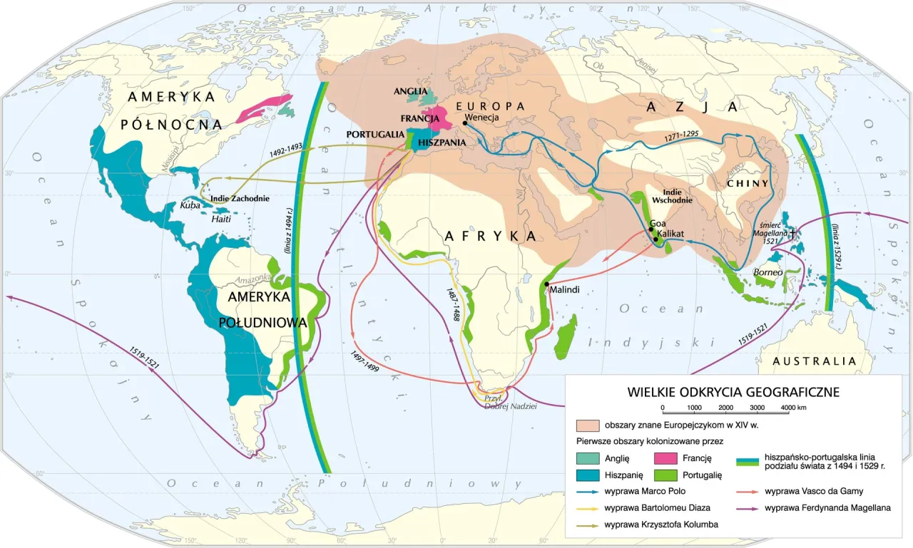 Mapa pokazuje trasy wielkich odkryć geograficznych, w tym co odkrył Ferdynand Magellan, opływając świat.