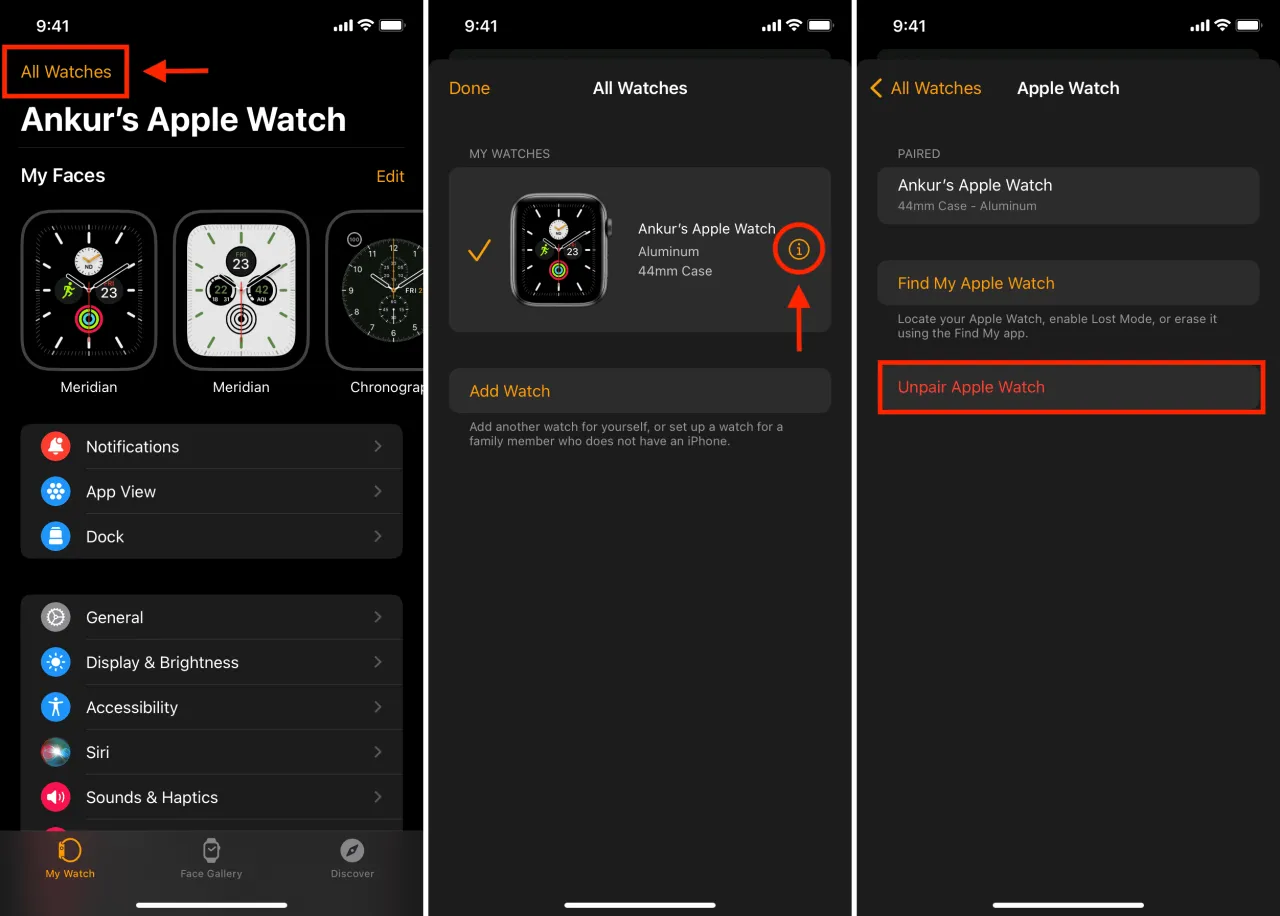 iPhone backup and Apple Watch unpairing screen