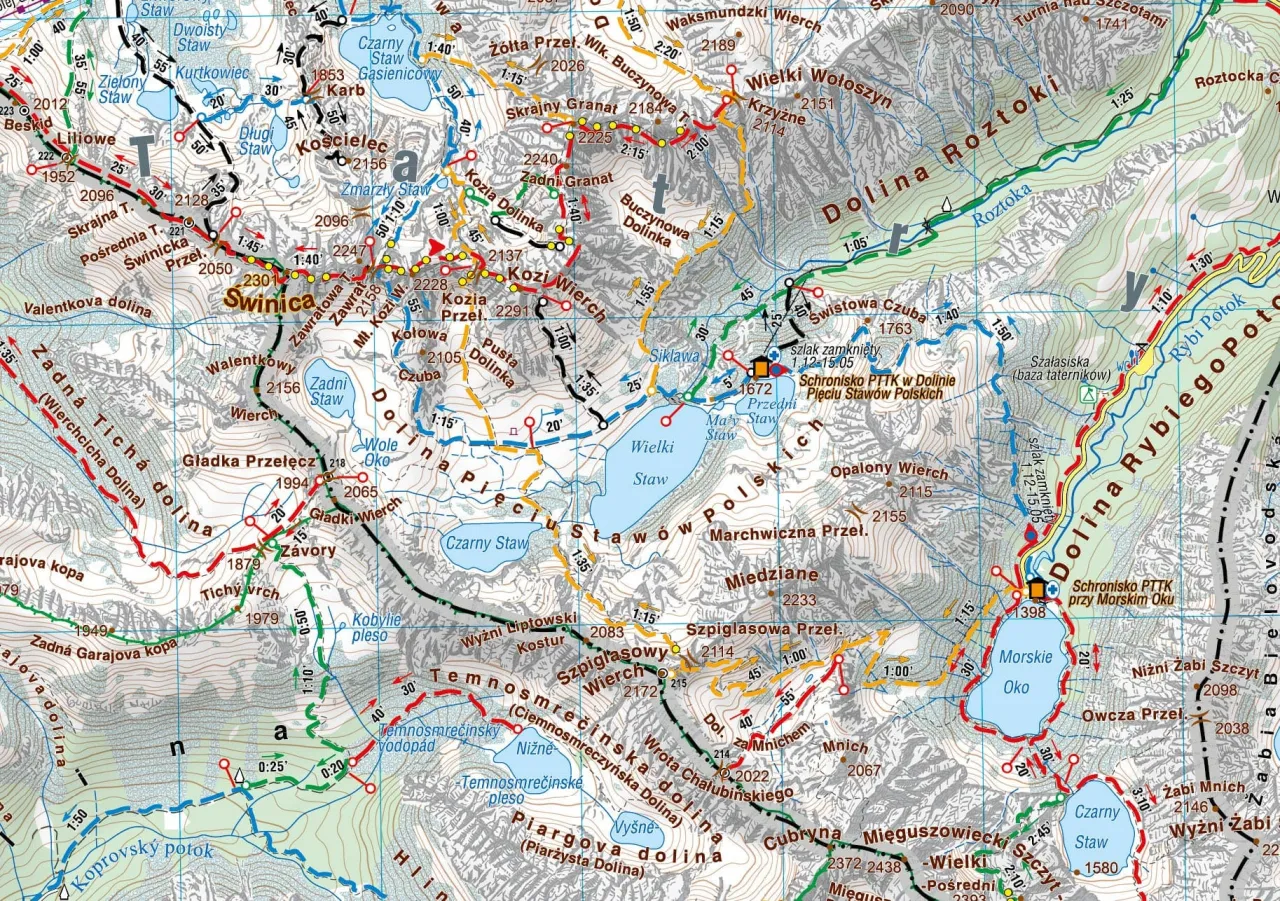 Mapa szlak&oacute;w Tatry Polskie podział na Tatry Zachodnie i Wysokie