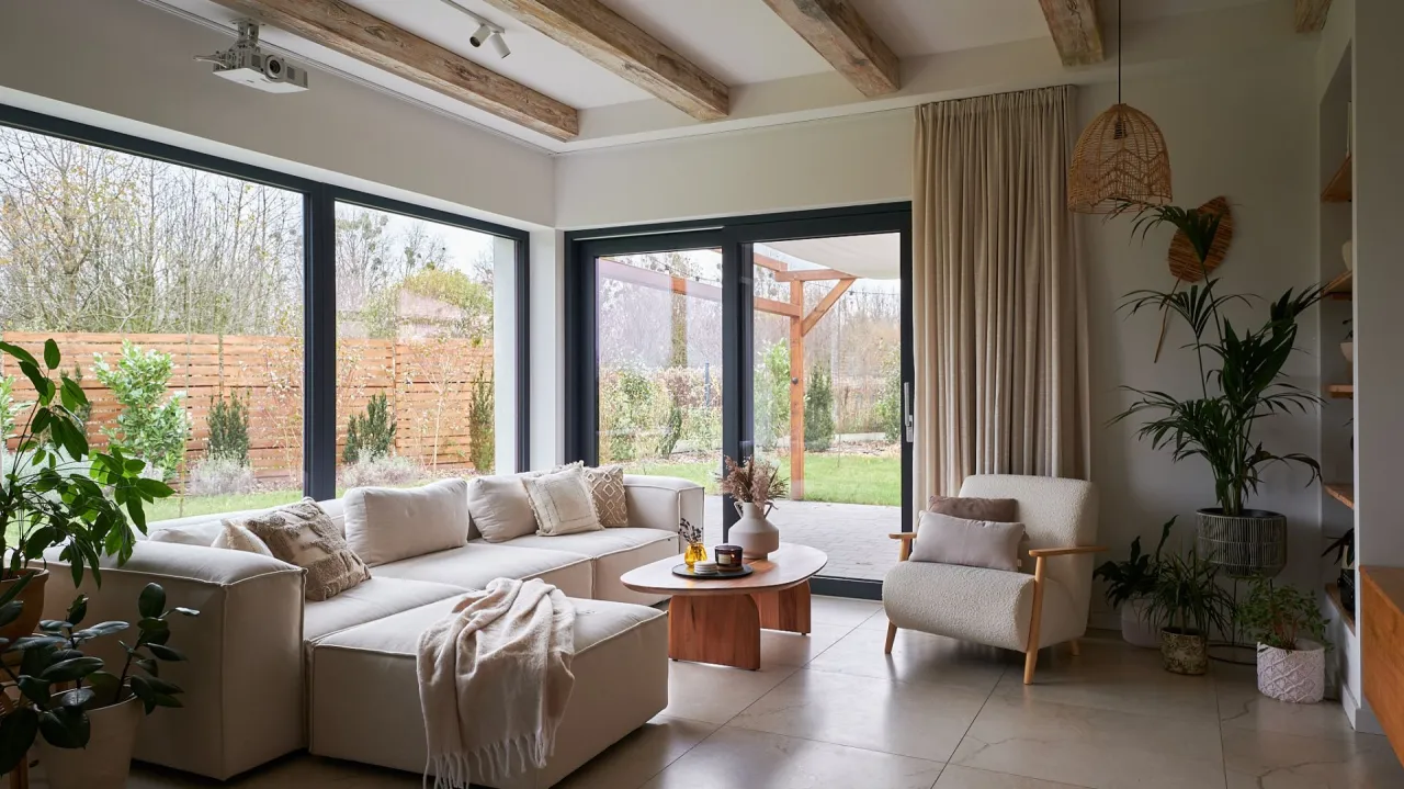 Aranżacje, inspiracje i pomysły na modne wnętrza: przytulny salon z dużymi oknami, wygodną kanapą i fotelem, ozdobiony roślinami.