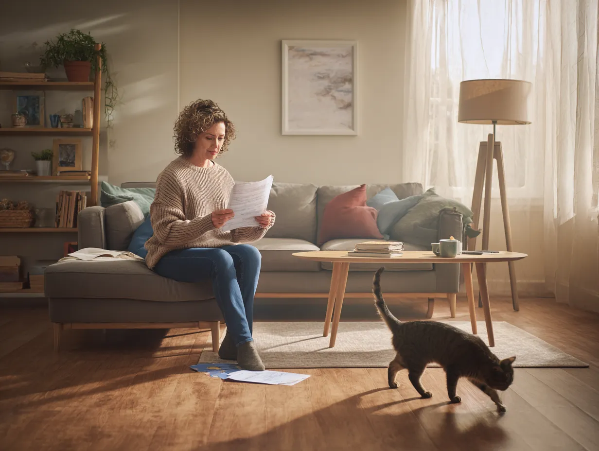 Kobieta czyta dokumenty, zastanawiając się, co to jest zaliczka eksploatacyjna. Kot przechadza się po salonie.