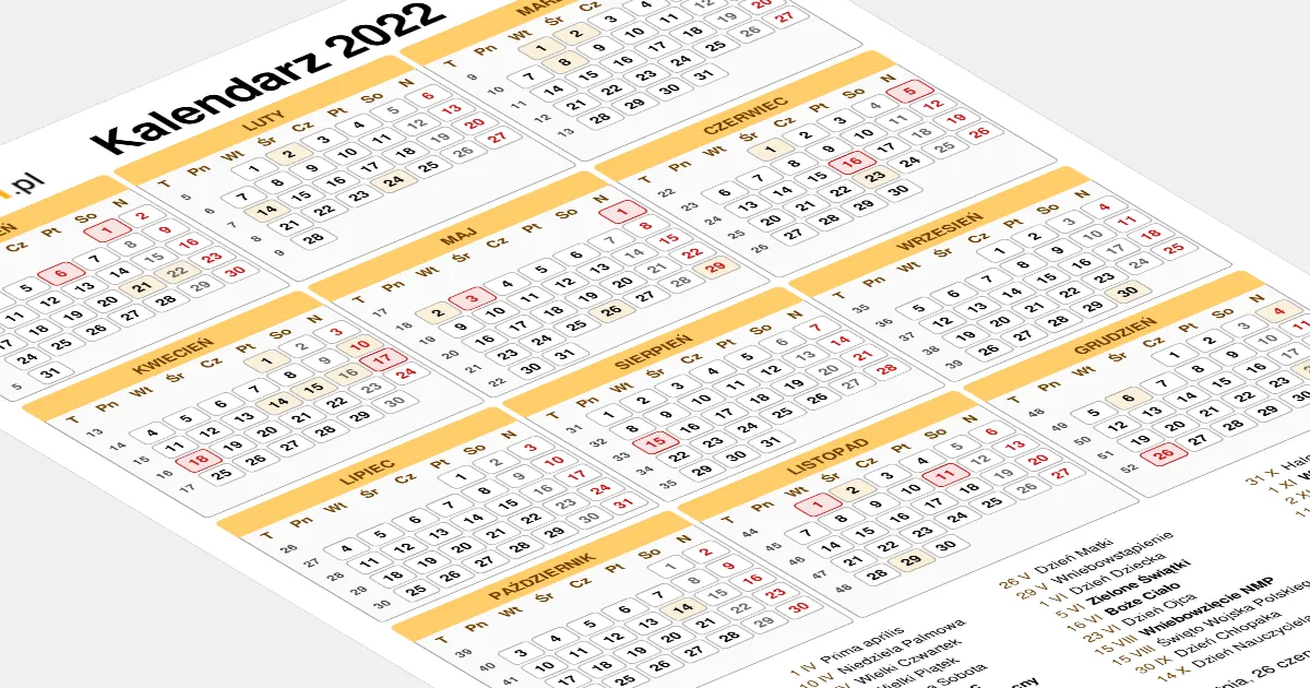 kalendarz z zaznaczonymi świętami państwowymi i religijnymi