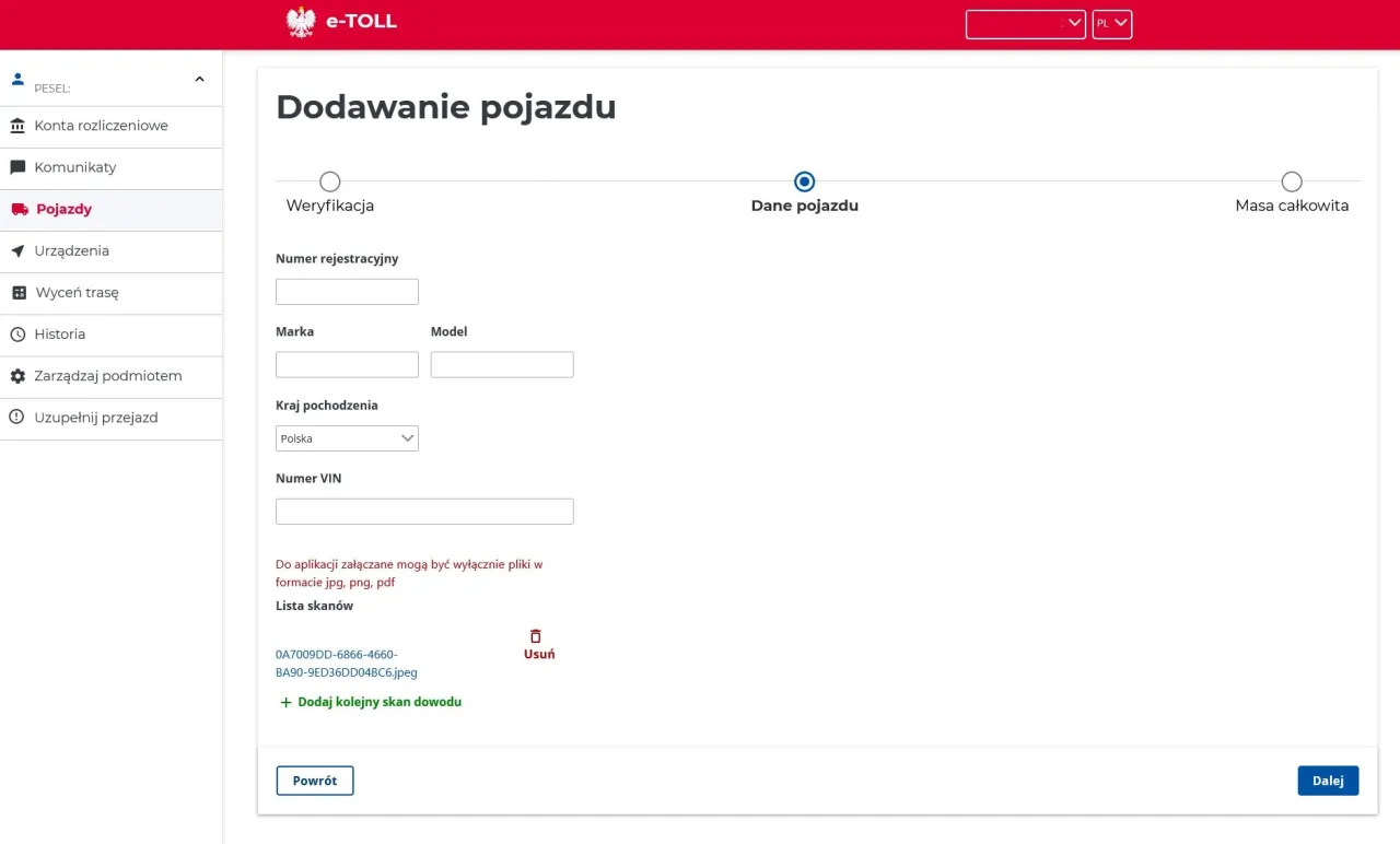 Ekran rejestracji pojazdu w e-TOLL IKK