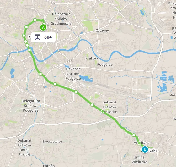 Mapa trasy autobusu 304 Kraków Wieliczka