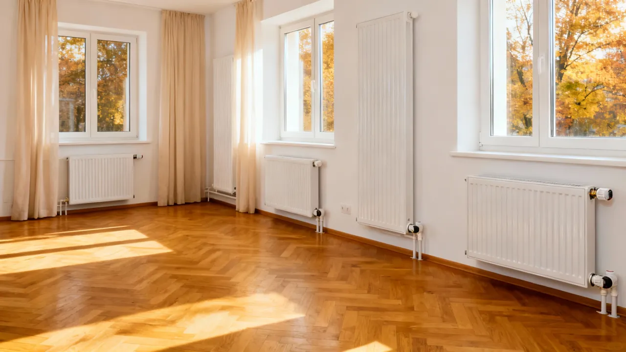 Ciepłe kaloryfery w pustym pokoju z parkietem i zasłonami, idealne na moment, kiedy włączają ogrzewanie w blokach.