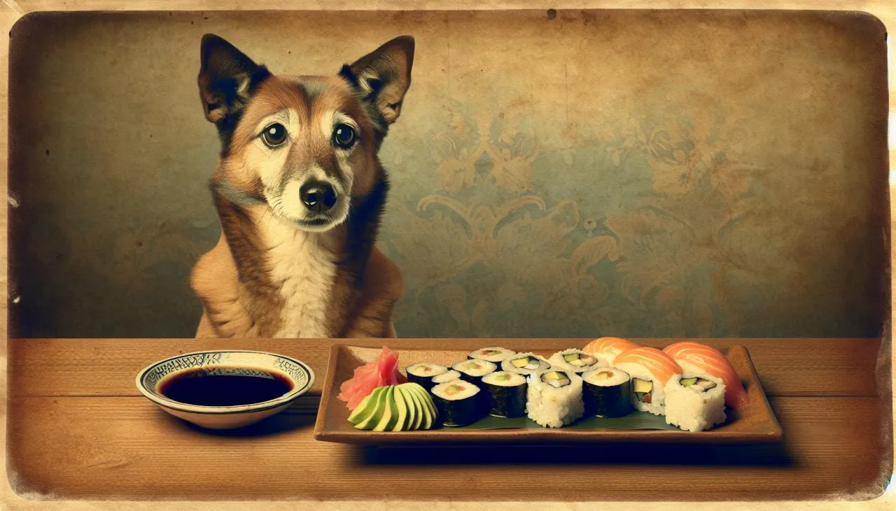 Zastanawiasz się, czy pies może jeść sushi? Ten uroczy piesek z zaciekawieniem patrzy na talerz pełen sushi i sosu sojowego.
