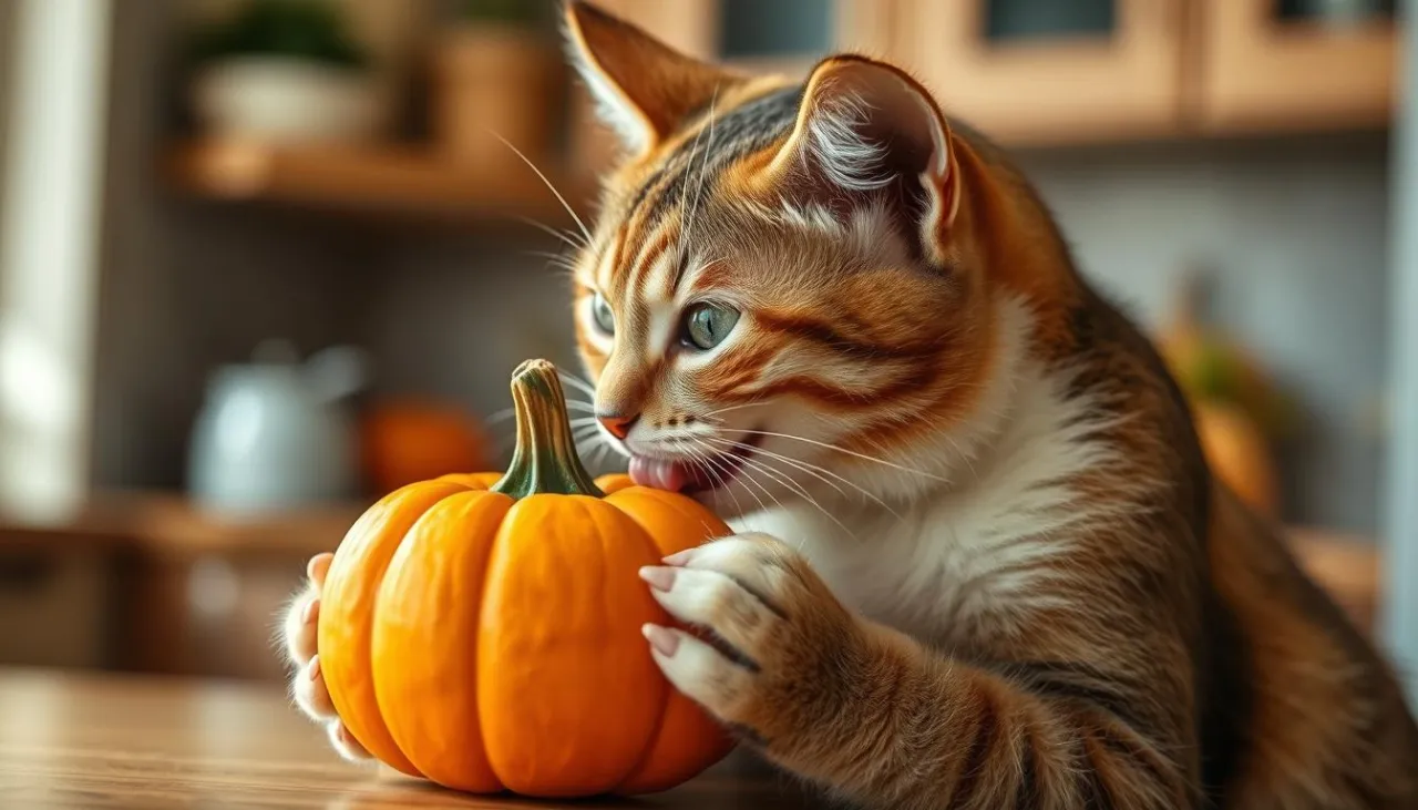 kot jedzący purée z dyni z miseczki