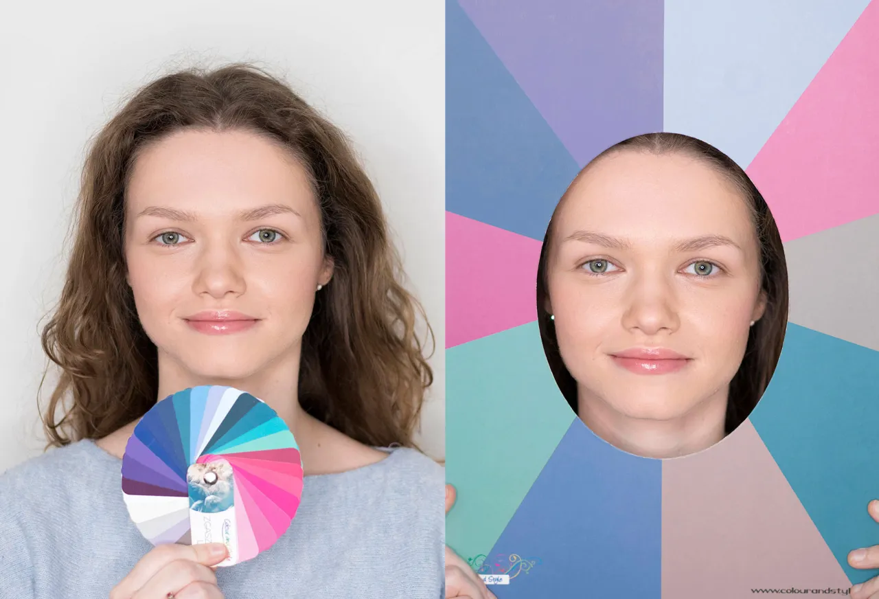 Analiza kolorystyczna: zgaszone lato. Modelka z kołem barw i pastelowym tłem.