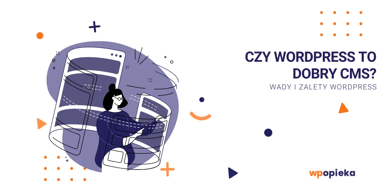 Grafika ilustruje, czy WordPress to dobry CMS. Kobieta z okularami pracuje nad stroną internetową, kt&oacute;ra wygląda jak zwinięty rulon.