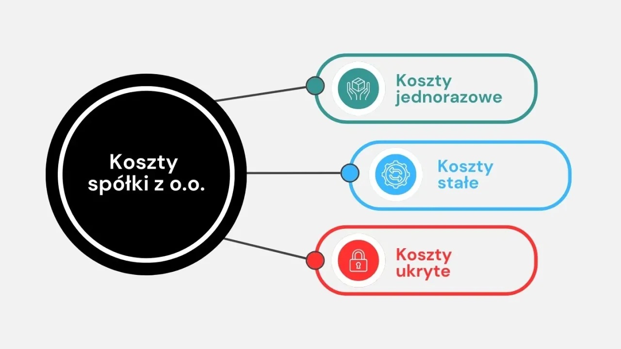 Schemat przedstawia koszty spółki z o.o.: jednorazowe, stałe i ukryte.