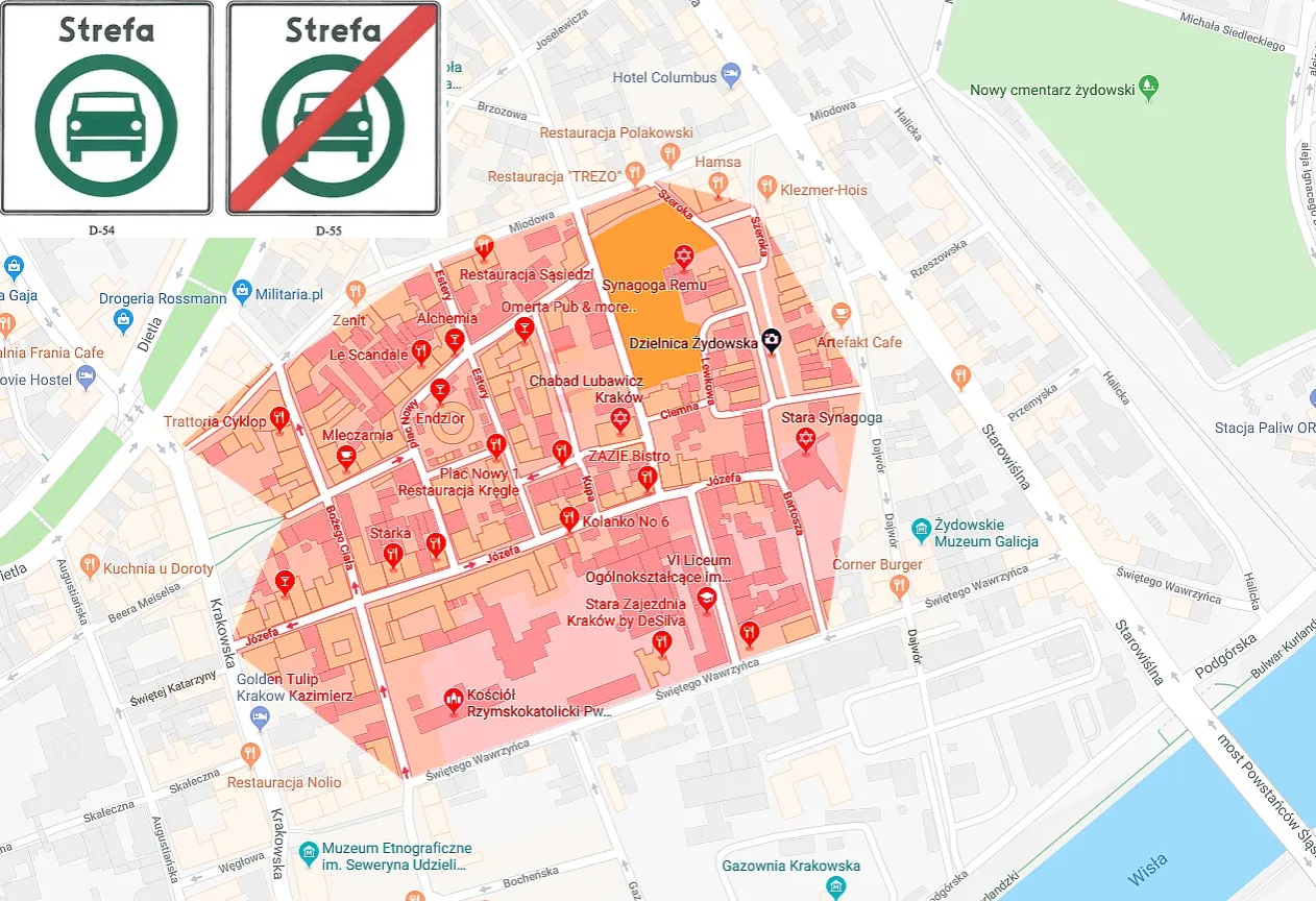 Mapa Krakowa z zaznaczonymi strefami ograniczeń ruchu samochodowego, wskazująca na normy spalin w centrum.