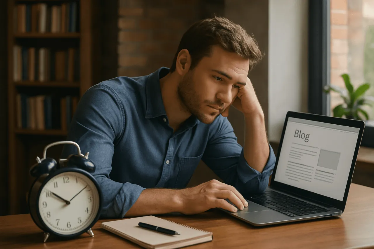 Mężczyzna zamyślony nad laptopem, na ekranie widnieje tytuł 