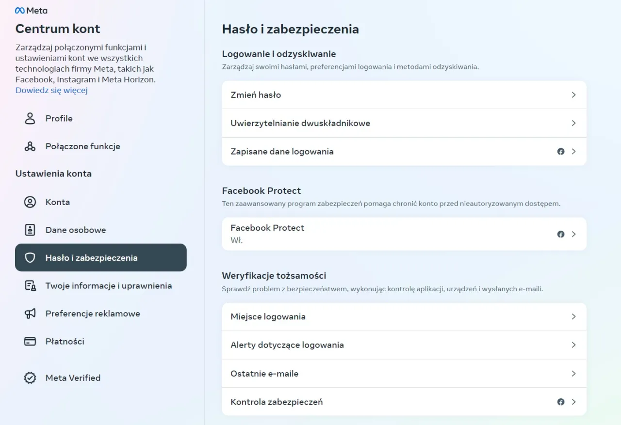 Centrum kont Meta: Hasło i zabezpieczenia. Sekcja logowania i odzyskiwania, Facebook Protect. Pomoc w odzyskaniu konta na Facebooku.