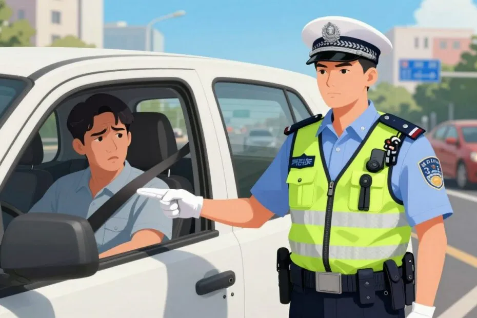 policjant wręczający mandat za brak pas&oacute;w bezpieczeństwa