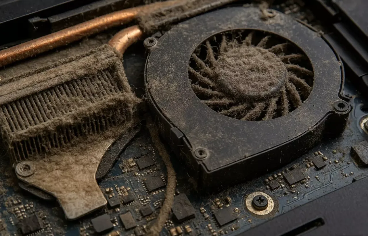 Zatkany kurzem wentylator i radiator laptopa to częste objawy przegrzania. Bez czyszczenia komputer może się wyłączyć.