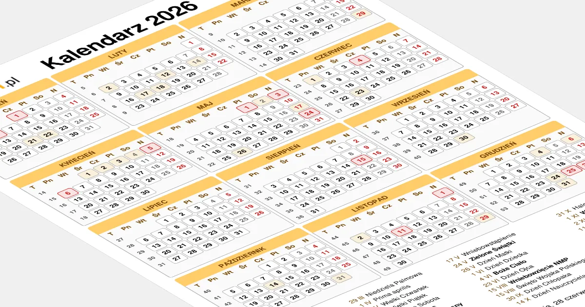Kalendarz z zaznaczonymi dniami wolnymi