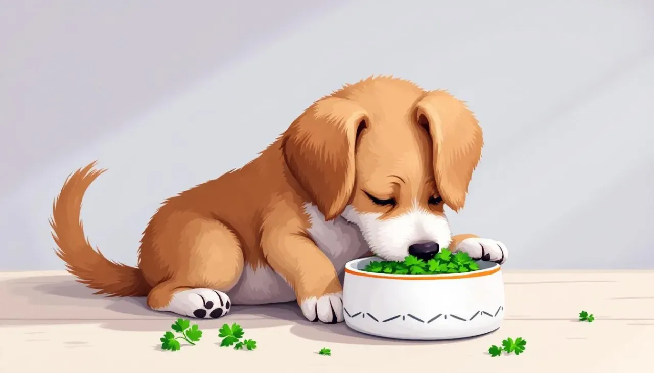 Pies jedzący posiekaną bazylię