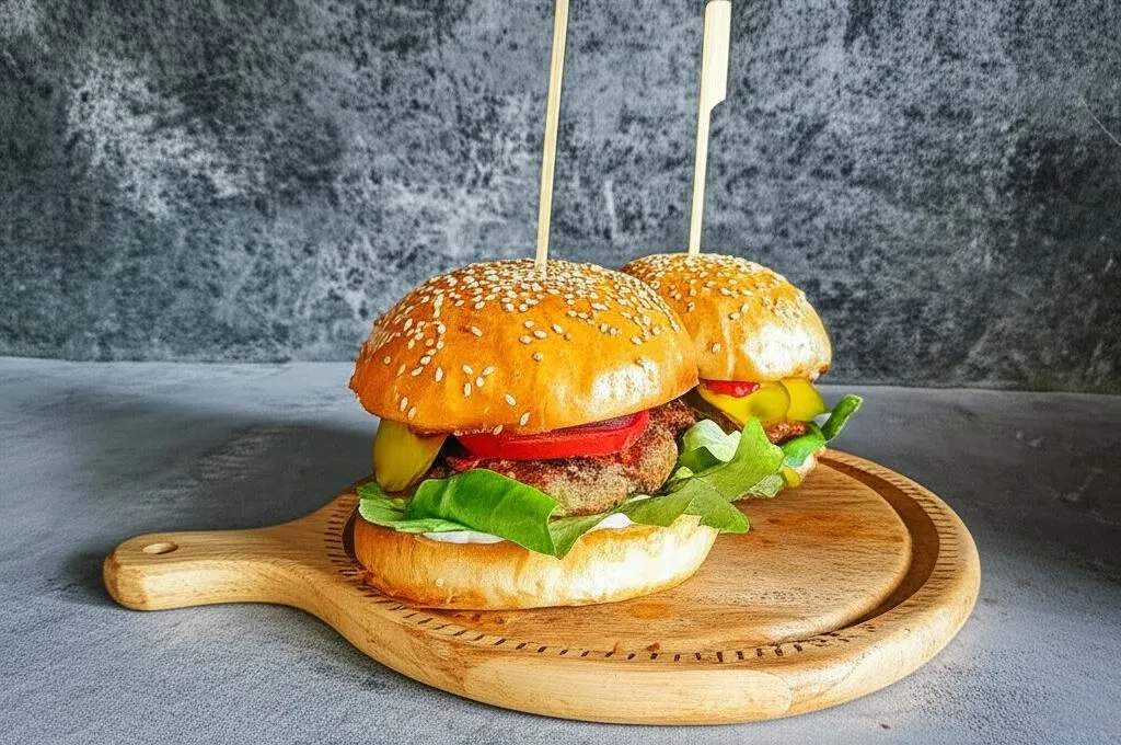 soczysty domowy burger wołowy na desce do krojenia