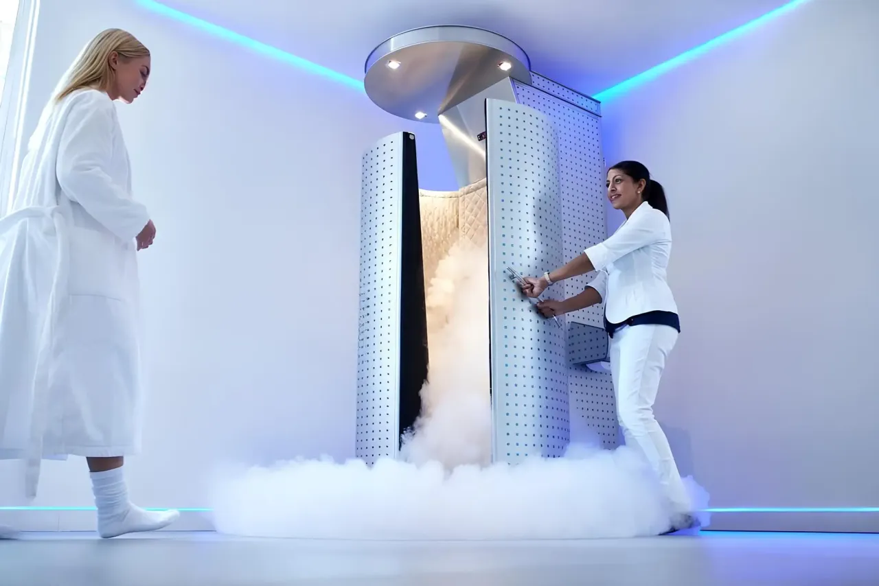 Kobieta w szlafroku czeka na zabieg krioterapii przed ćwiczeniami. Pracownica otwiera komorę z chłodną mgłą.
