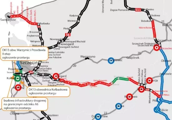 Mapa dr&oacute;g dojazdowych do Szczecina A6 S3 S6 DK10